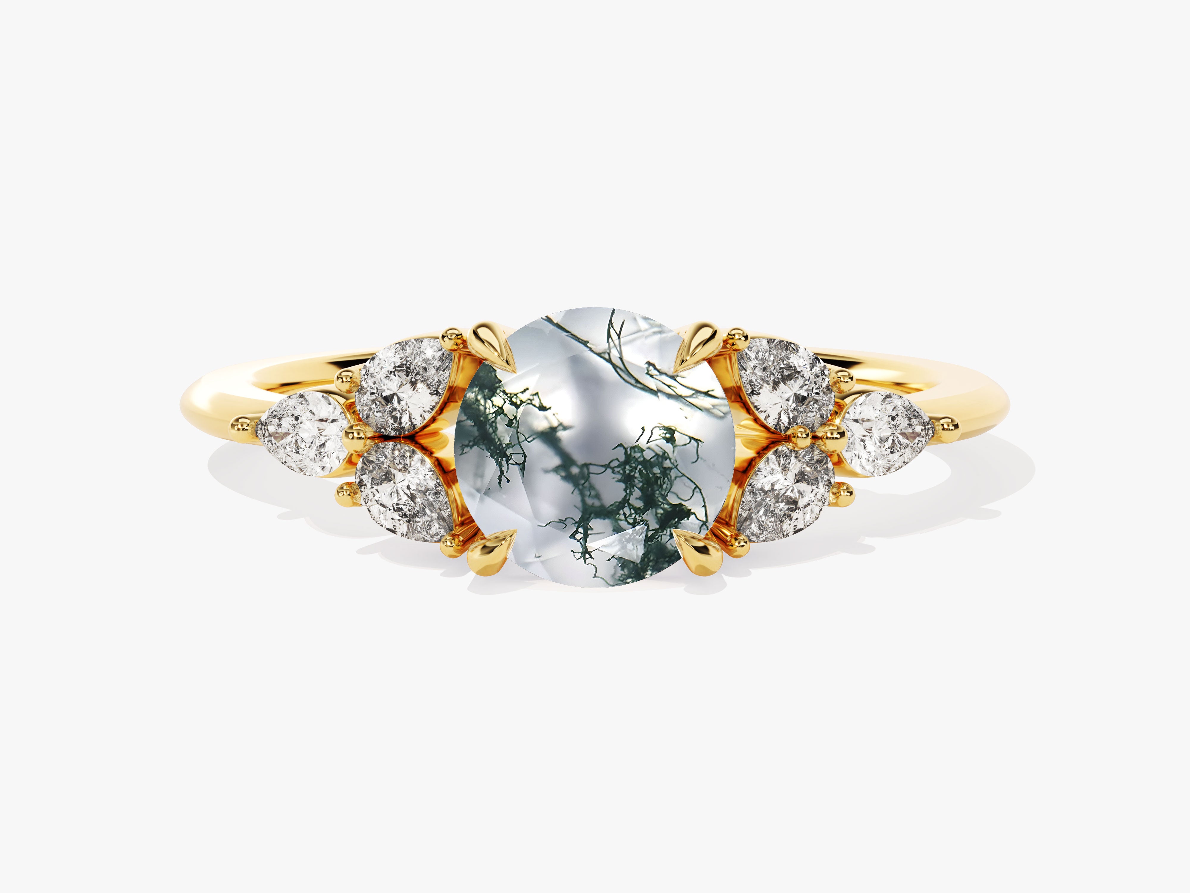Gold ring with oval moss agate and diamonds