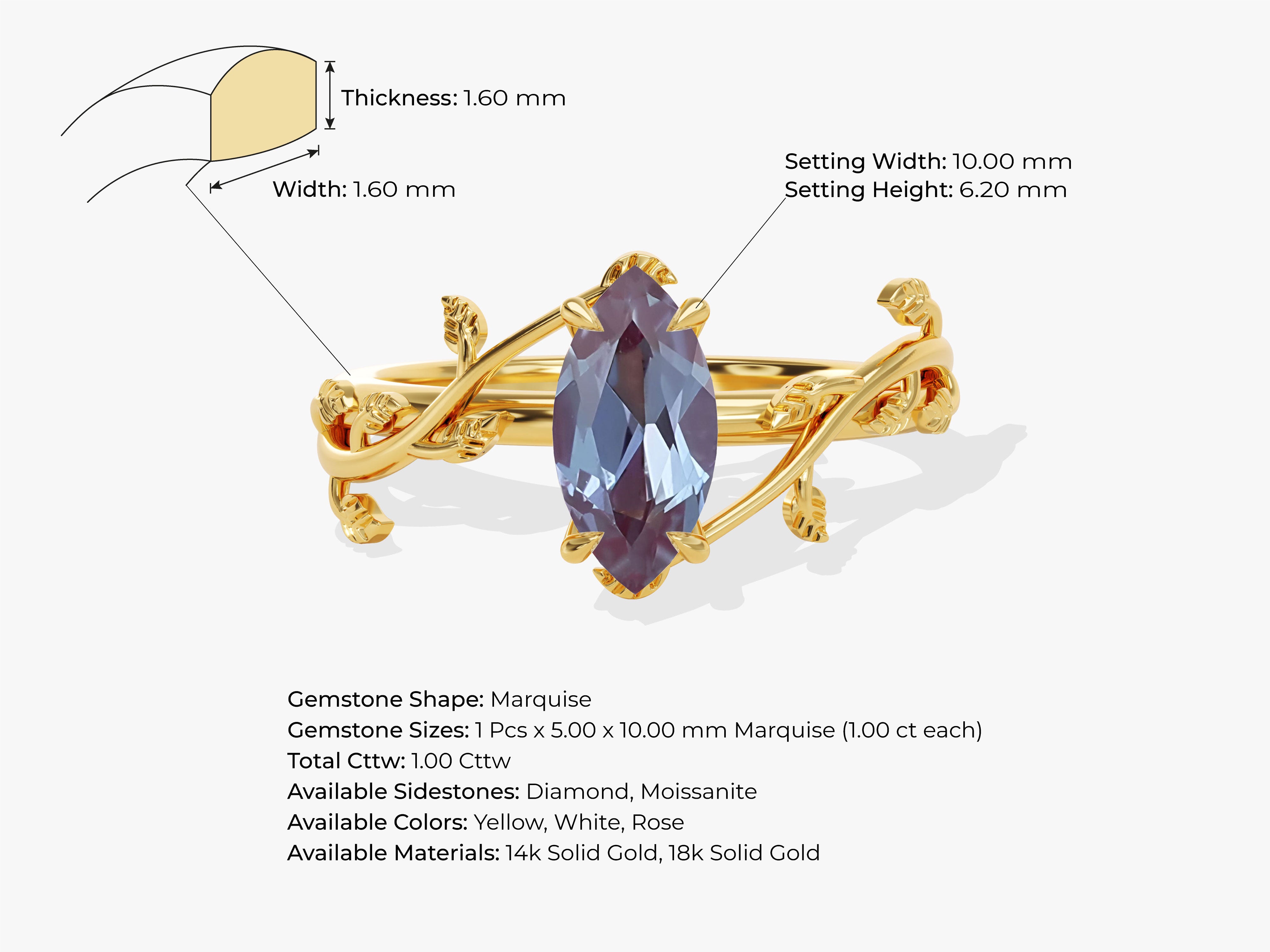 Marquise gemstone ring with vine-like gold band and leaf details