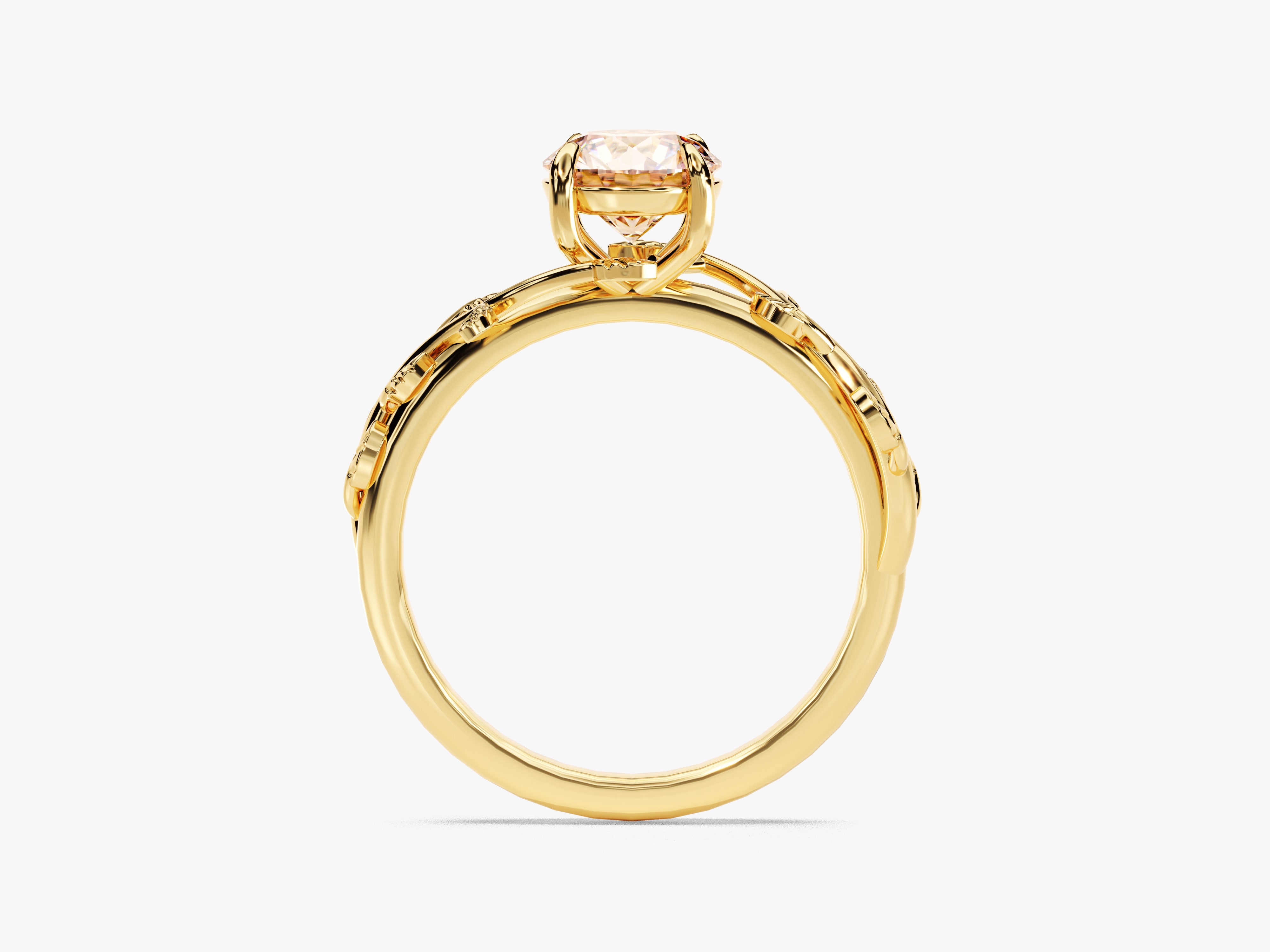 Gold engagement ring with a large diamond and intricate band design