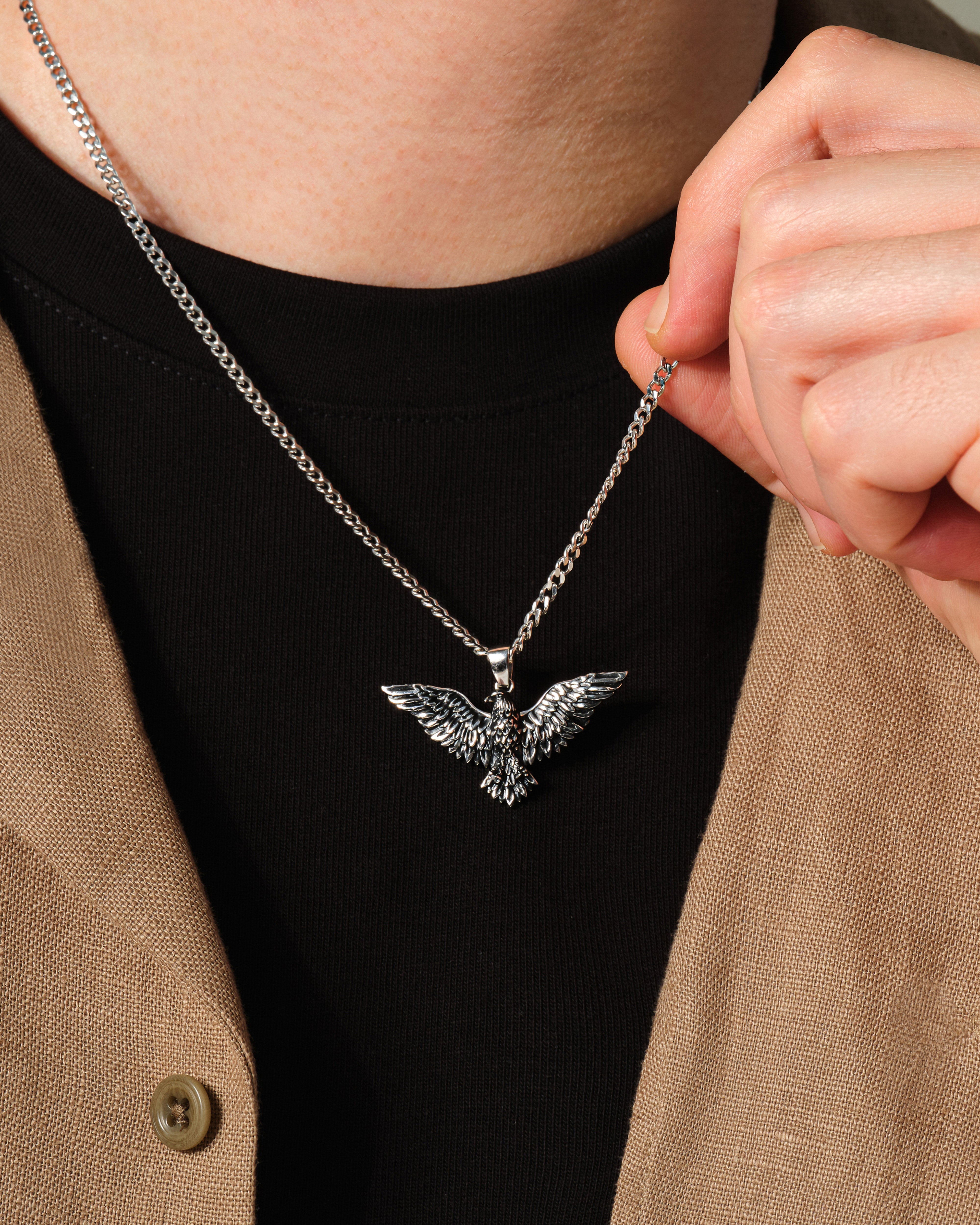 Oxidized Flying Eagle Pendant Necklace