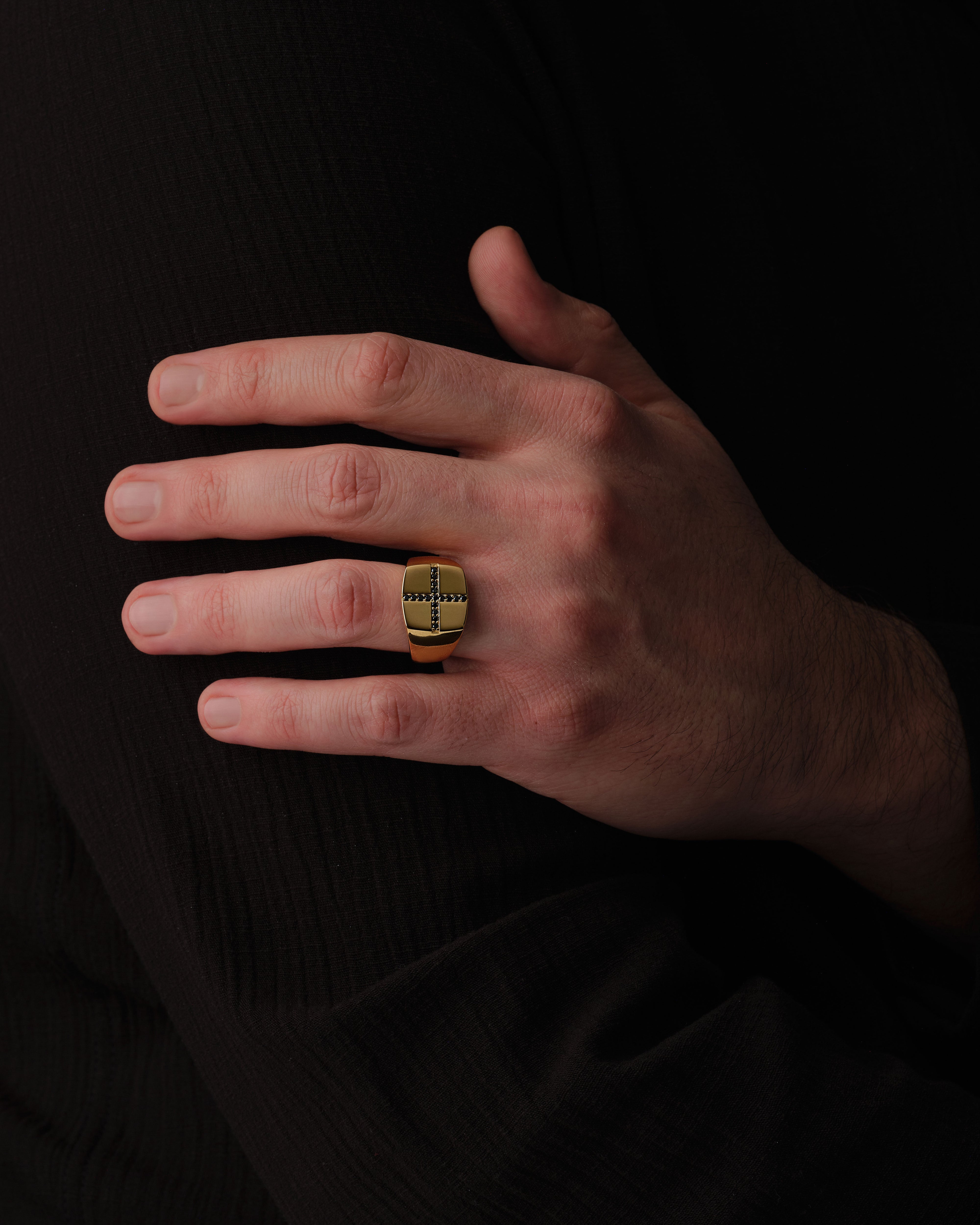 14k Gold Black Diamond Cross Signet Ring