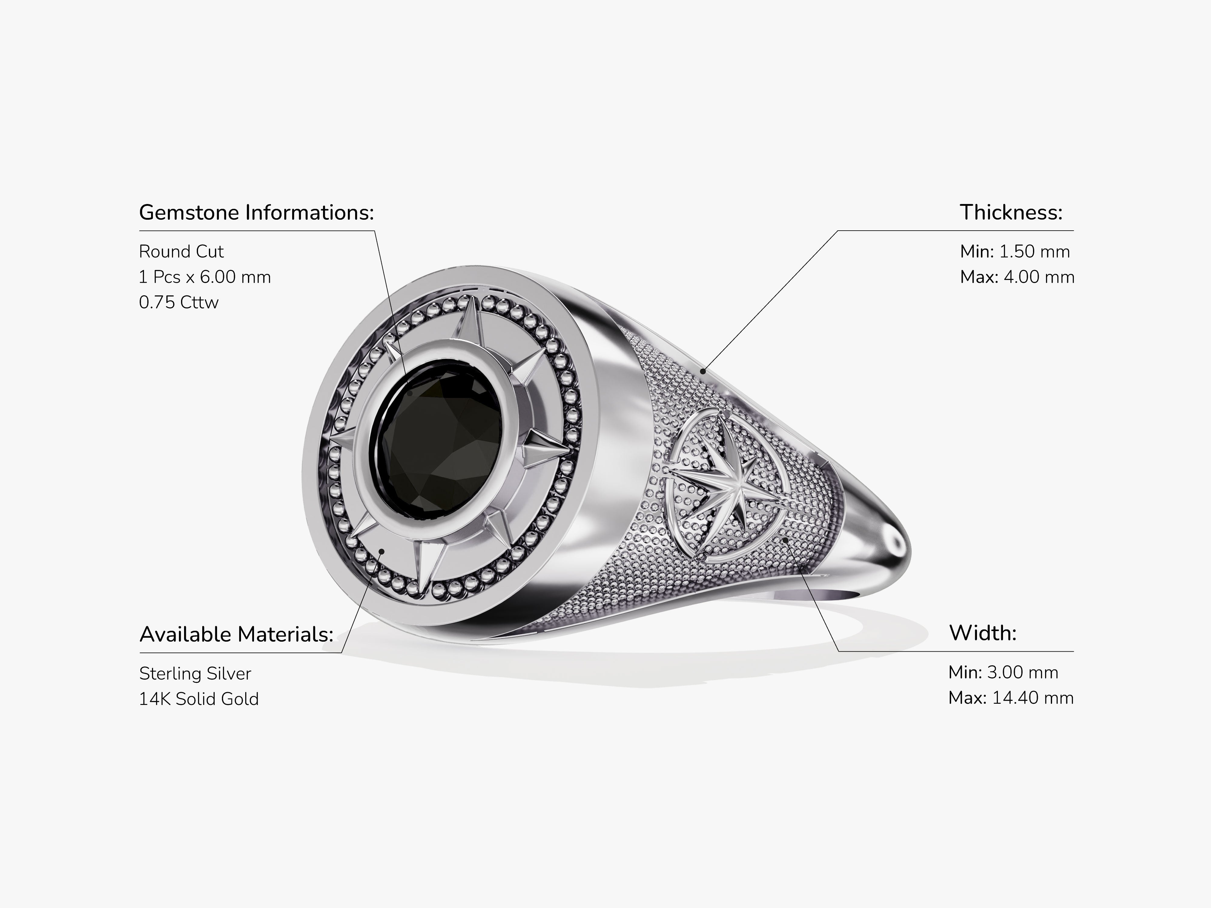 Sterling silver ring with black gemstone and compass design