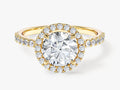 Halo Engagement Ring with Shared Prong Sidestones