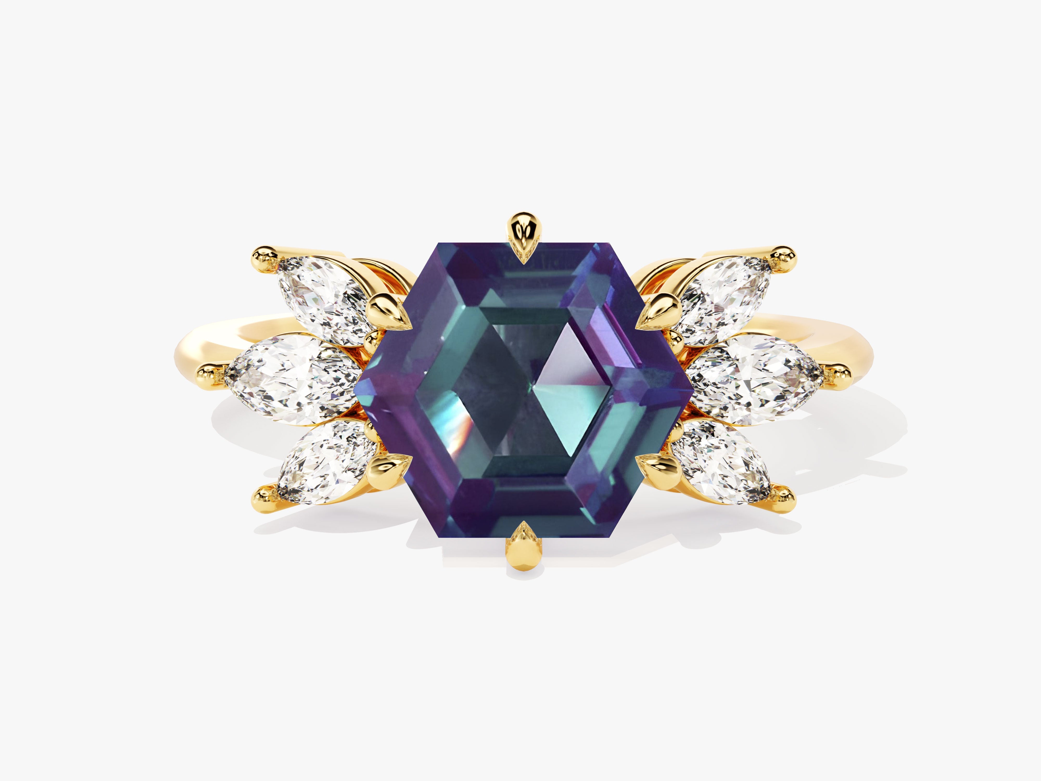 Gold ring with hexagon alexandrite and marquise diamonds