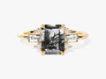 Emerald Cut Black Rutilated Quartz Engagement Ring with Moissanite Sidestones