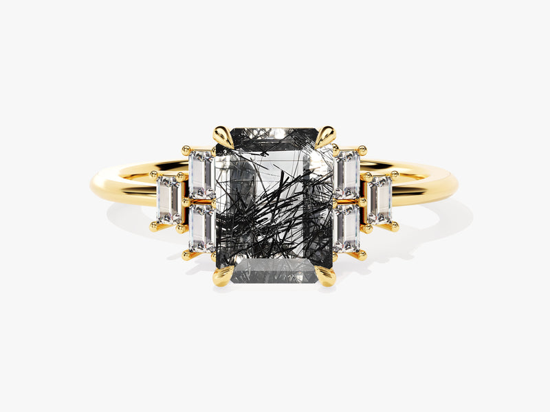 Gold ring with emerald-cut rutilated quartz and baguette diamonds