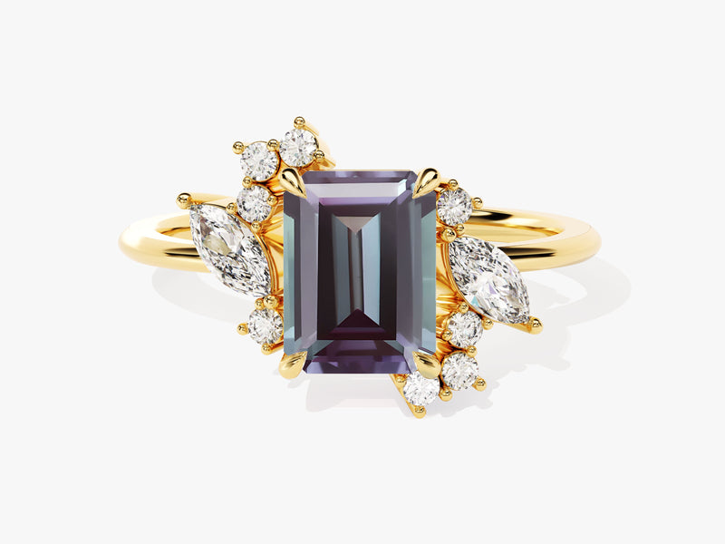 Emerald cut alexandrite ring with diamonds on gold band