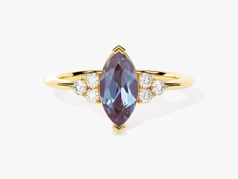 Marquise alexandrite ring with diamonds on gold band