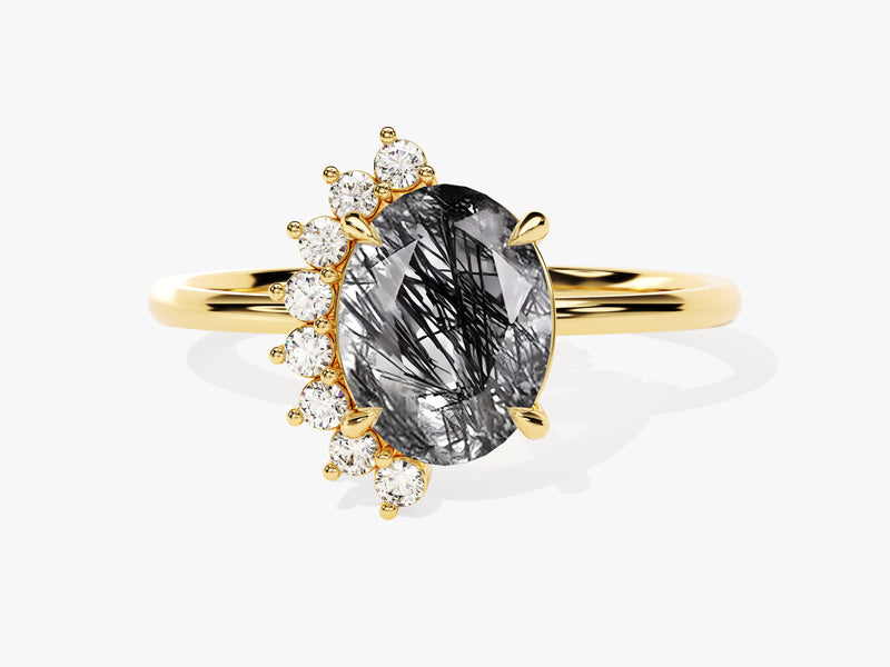Gold ring with oval rutilated quartz and diamond accents
