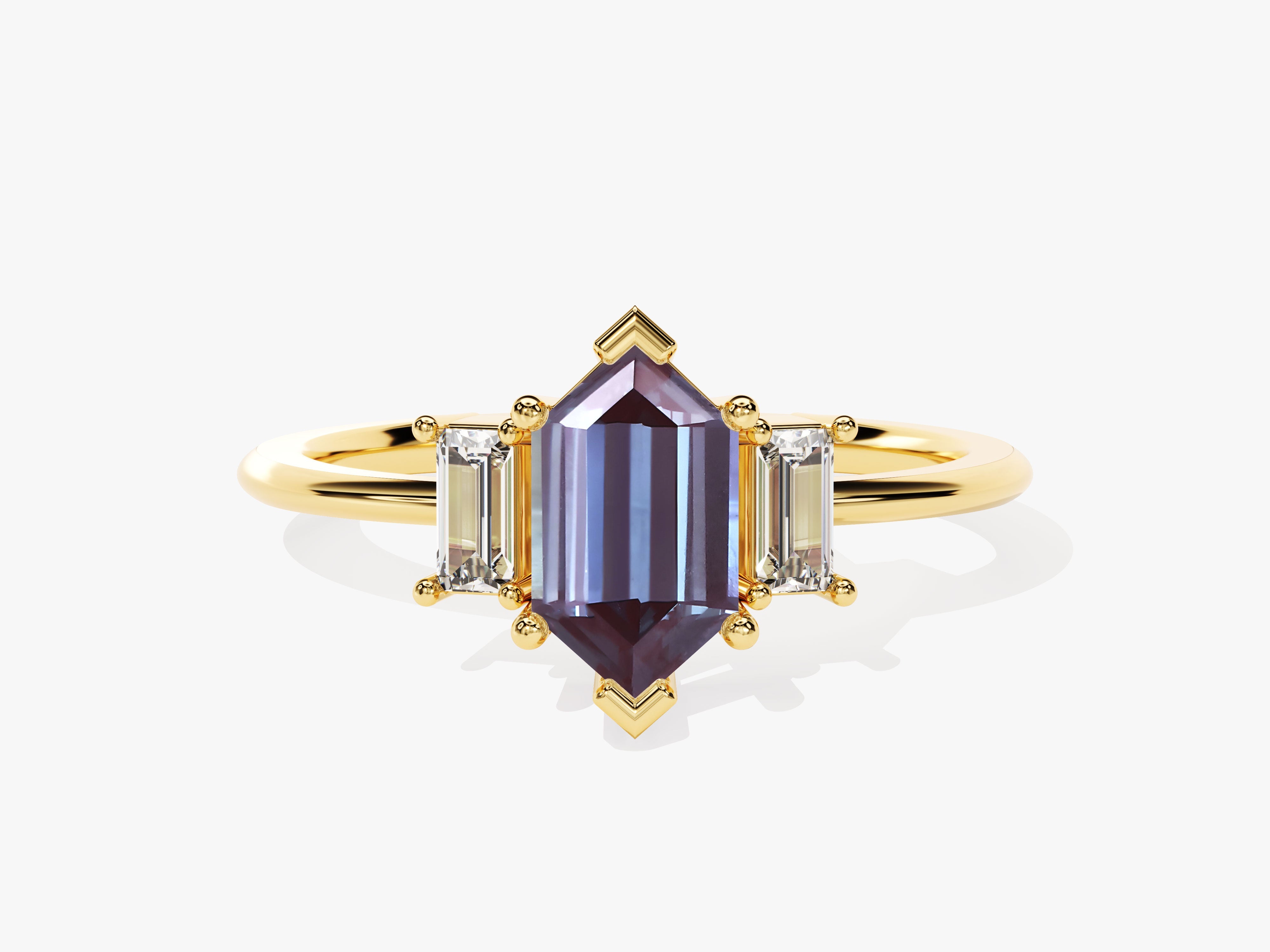 Hexagonal alexandrite ring with baguette diamonds on gold band