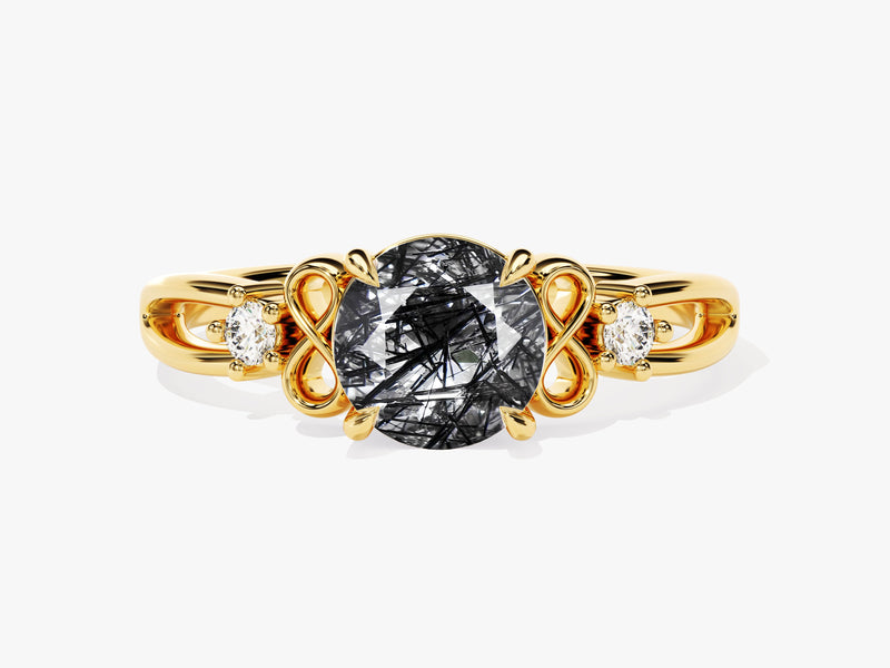 Gold ring with black rutile quartz and diamonds