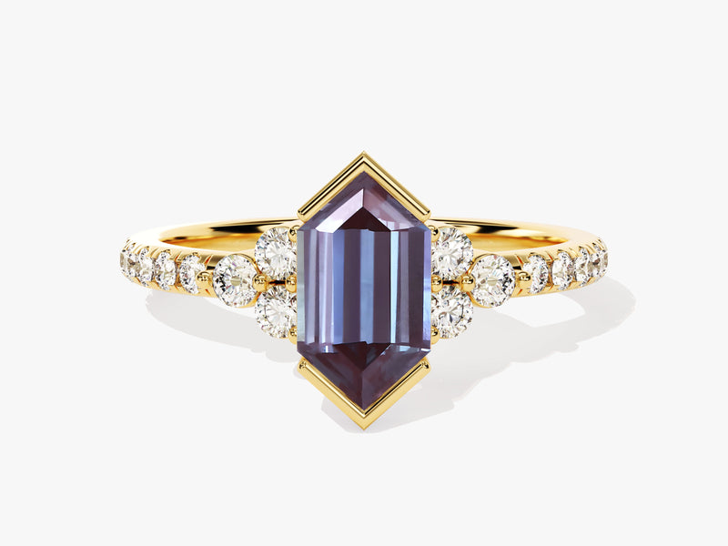 Gold ring with emerald-cut alexandrite and diamond accents