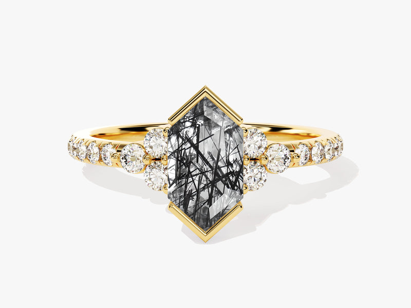 Gold ring with rutile quartz and diamonds