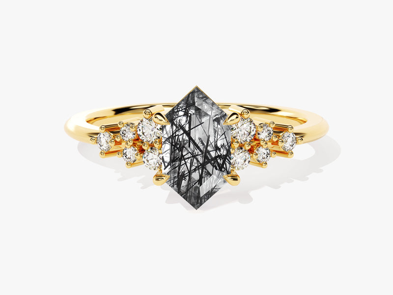 Gold ring with hexagonal rutilated quartz and diamonds
