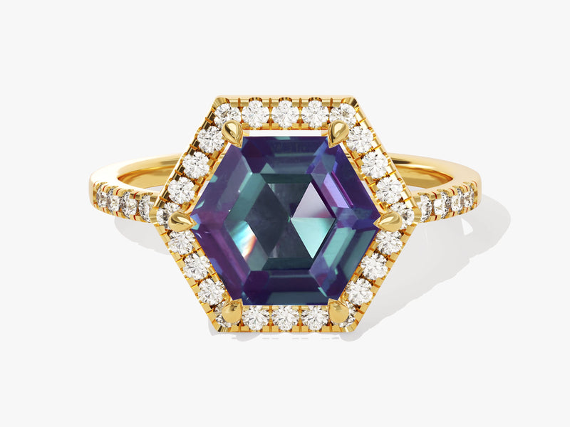 Hexagonal alexandrite ring with diamonds, gold jewelry