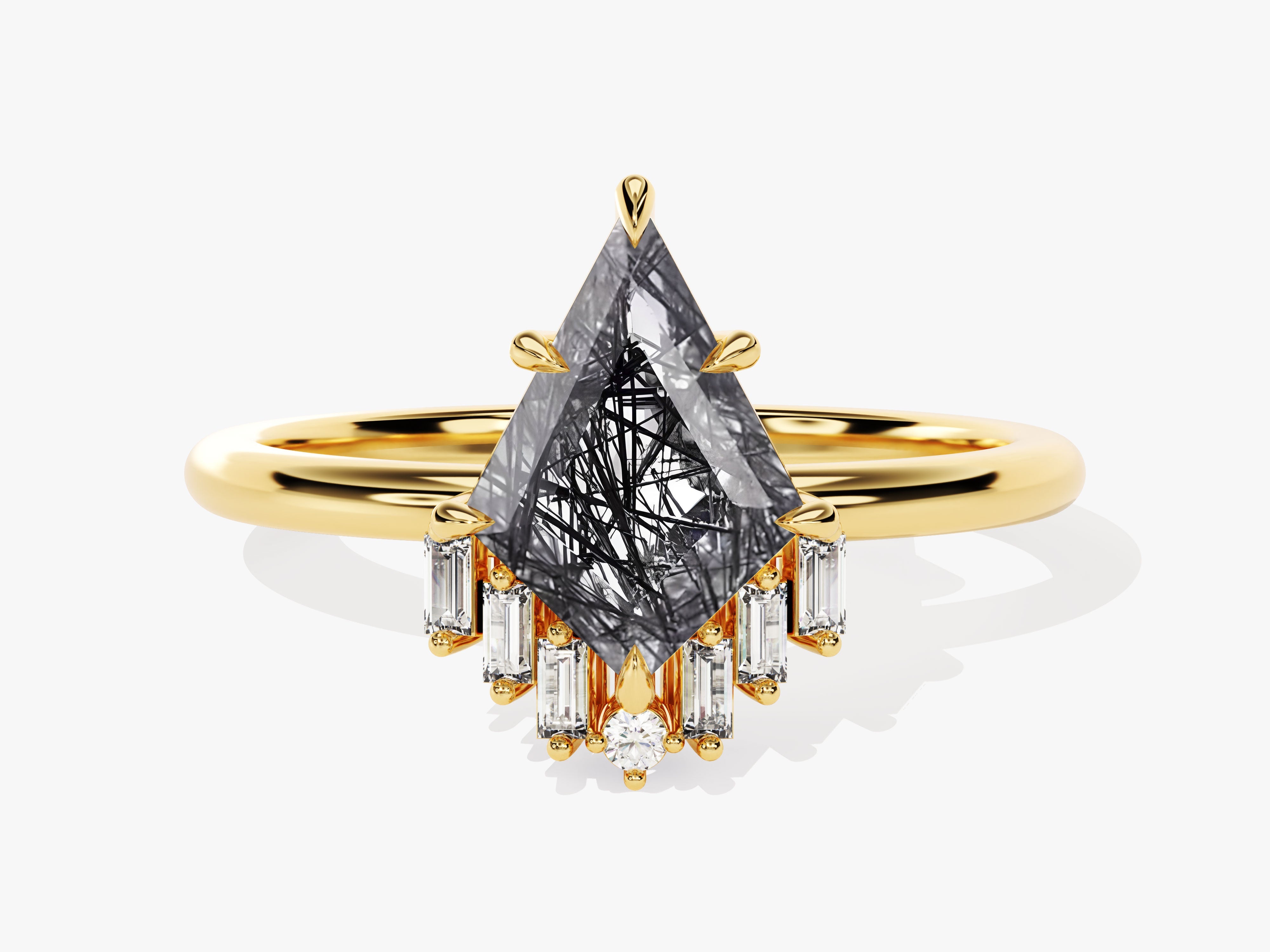 Gold ring with black rutile quartz and baguette diamonds