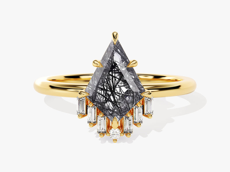 Gold ring with black rutile quartz and baguette diamonds