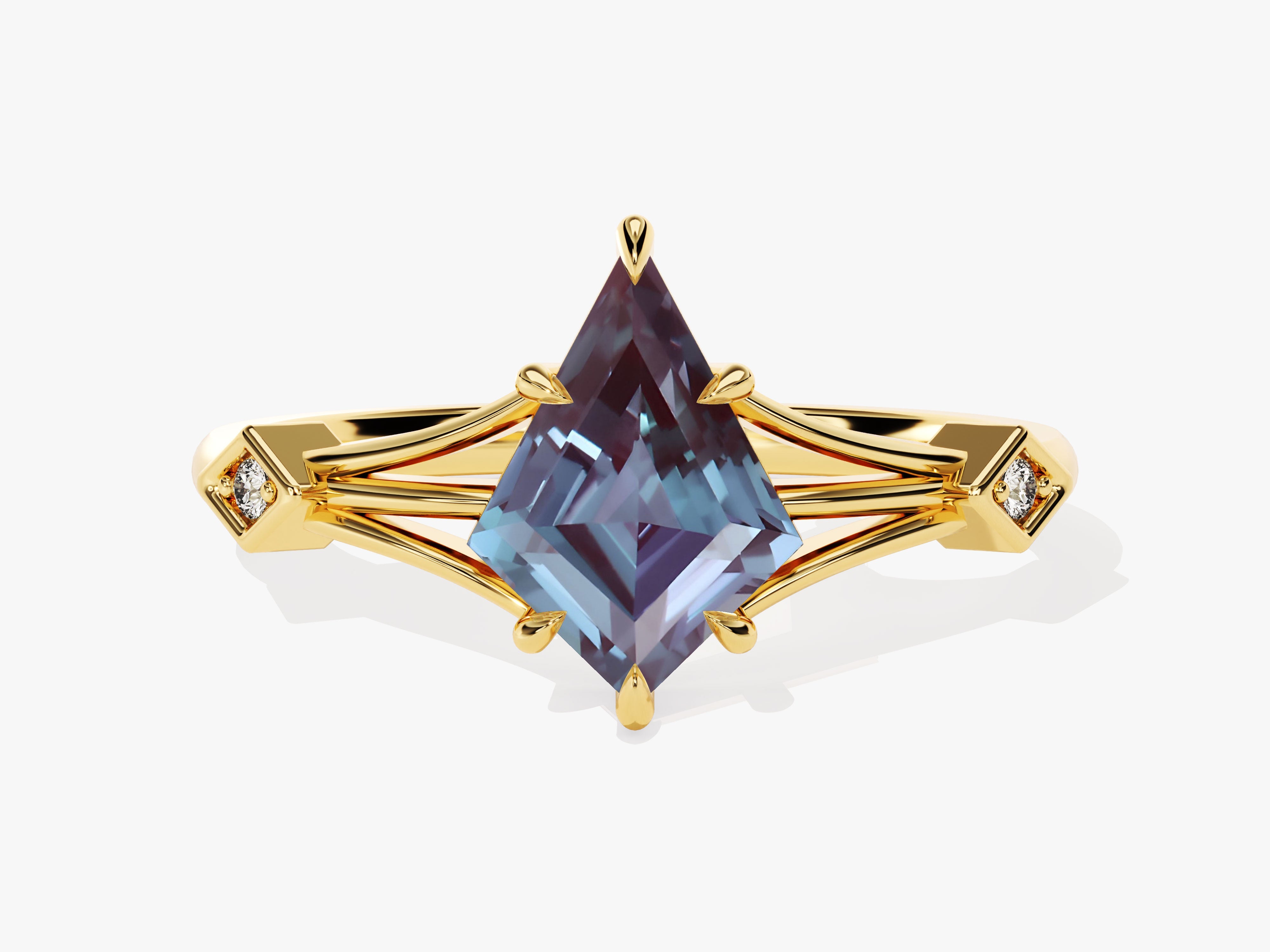Gold ring with kite-cut alexandrite and diamonds