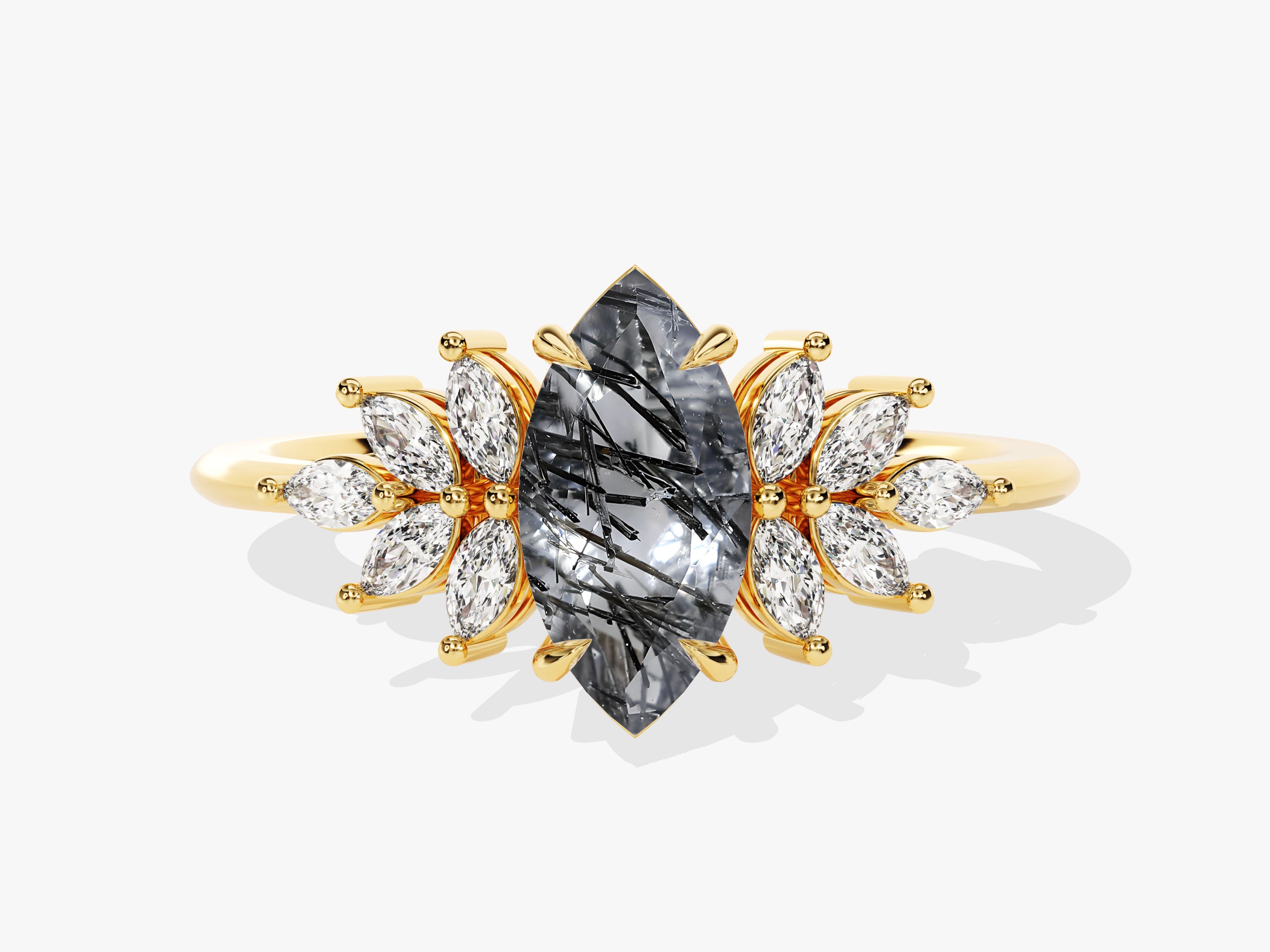 Gold ring with marquise rutilated quartz and diamond accents