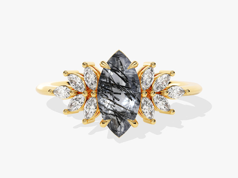 Gold ring with marquise rutilated quartz and diamond accents